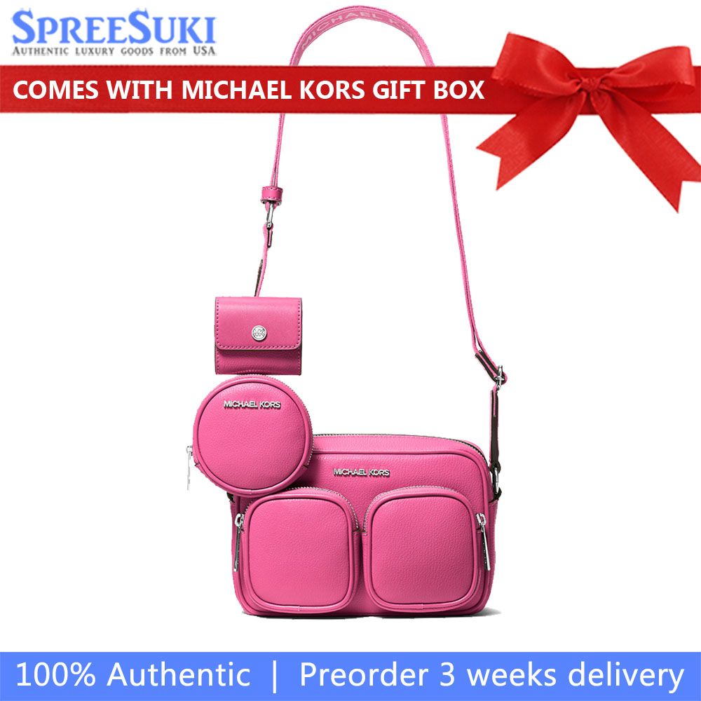 Michael Kors Jet Set Leather Medium Crossbody Bag With Case For Apple Airpods Pro Dragonfruit # 35S5STTC2L