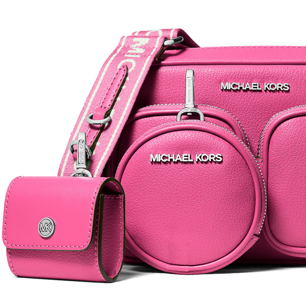 Michael Kors Jet Set Leather Medium Crossbody Bag With Case For Apple Airpods Pro Dragonfruit # 35S5STTC2L