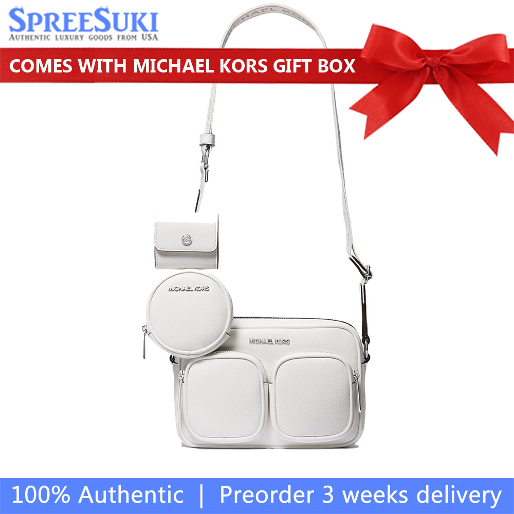 Michael Kors Jet Set Leather Medium Crossbody Bag With Case For Apple Airpods Pro Optic White # 35S5STTC2L