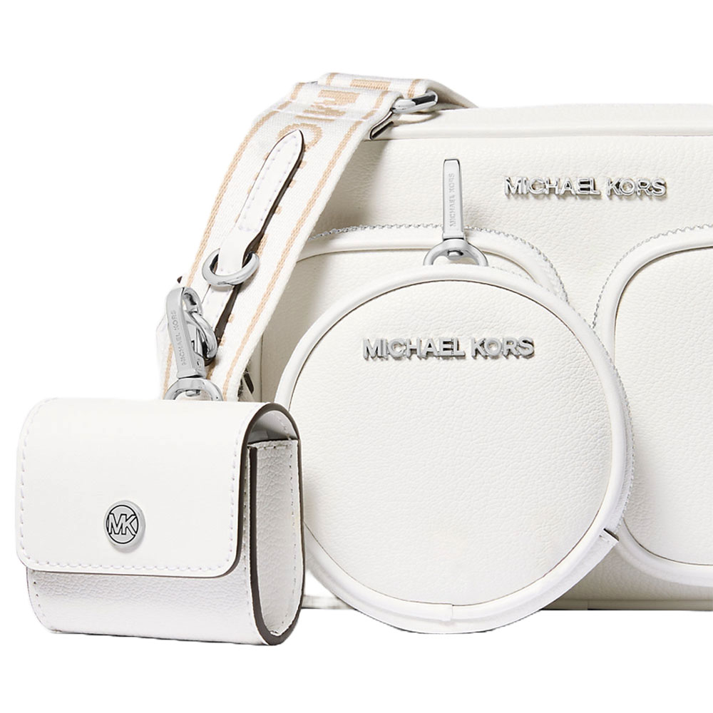 Michael Kors Jet Set Leather Medium Crossbody Bag With Case For Apple Airpods Pro Optic White # 35S5STTC2L