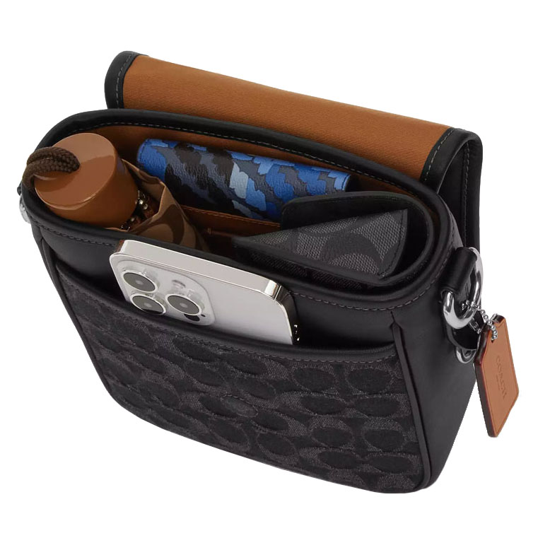 Coach Lucas Crossbody Bag In Blocked Signature Canvas Tan Charcoal Black # CAU46