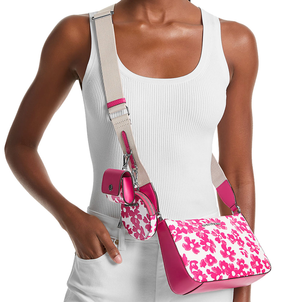Michael Kors Jet Set Small Sequined Floral Print Crossbody Bag With Case For Apple Airpods Pro Dragonfruit # 35S5STVC5Y