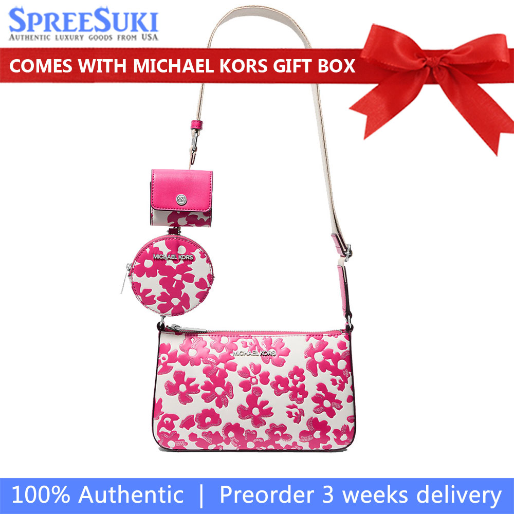 Michael Kors Jet Set Small Sequined Floral Print Crossbody Bag With Case For Apple Airpods Pro Dragonfruit # 35S5STVC5Y