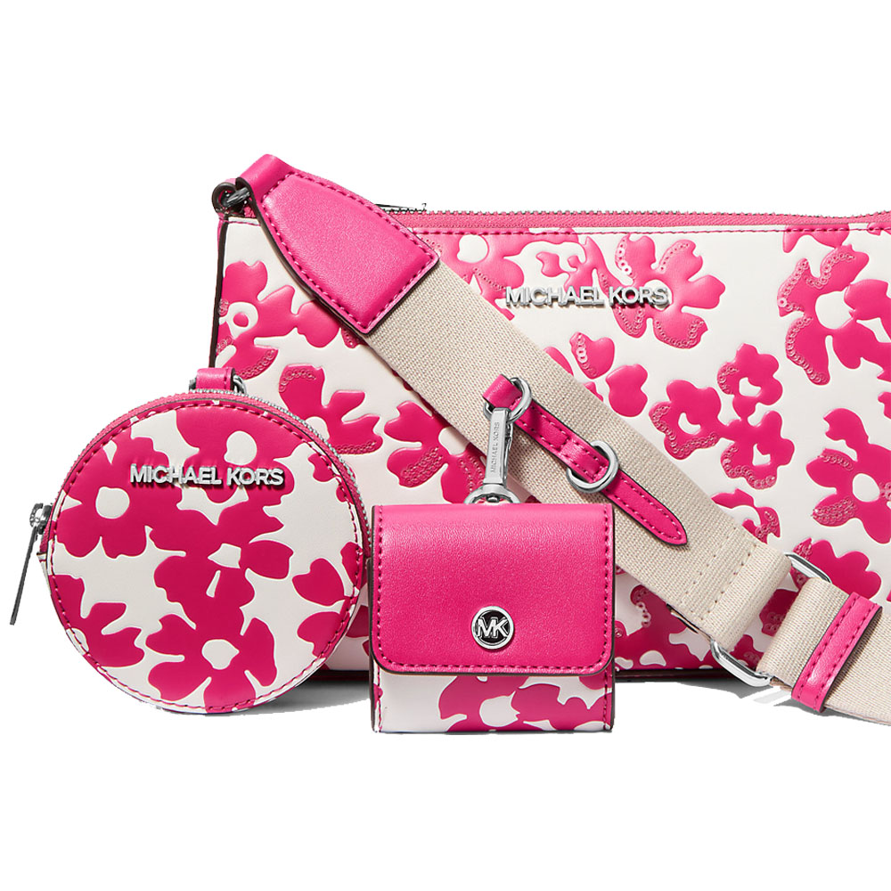 Michael Kors Jet Set Small Sequined Floral Print Crossbody Bag With Case For Apple Airpods Pro Dragonfruit # 35S5STVC5Y