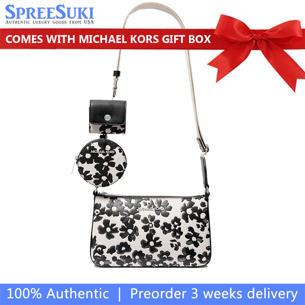 Michael Kors Jet Set Small Sequined Floral Print Crossbody Bag With Case For Apple Airpods Pro Black # 35S5STVC5Y