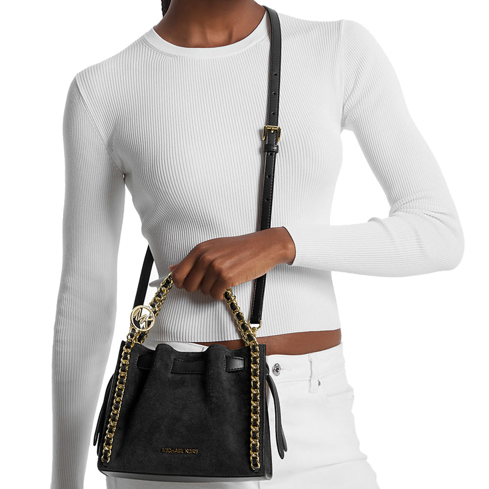Michael Kors Mina Small Suede Logo Chain Crossbody Bag Black # 35F4G4MC1S