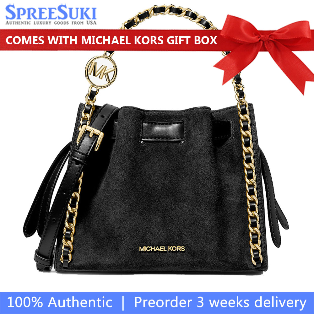 Michael Kors Mina Small Suede Logo Chain Crossbody Bag Black # 35F4G4MC1S