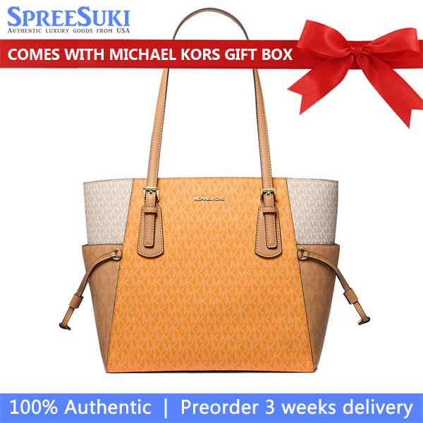 Michael Kors Voyager Large Color-Block Signature Logo Tote Bag Pop Orange Multi # 35S5GV6T7B
