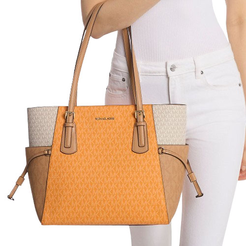 Michael Kors Voyager Large Color-Block Signature Logo Tote Bag Pop Orange Multi # 35S5GV6T7B