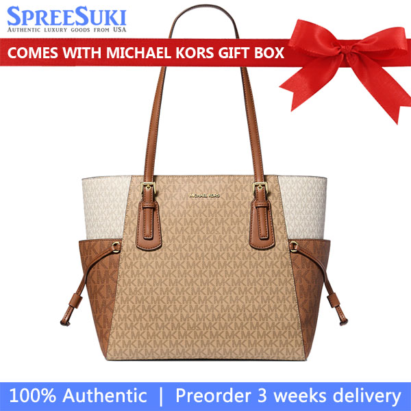 Michael Kors Voyager Large Color-Block Signature Logo Tote Bag Camel Mlt # 35S5GV6T7B