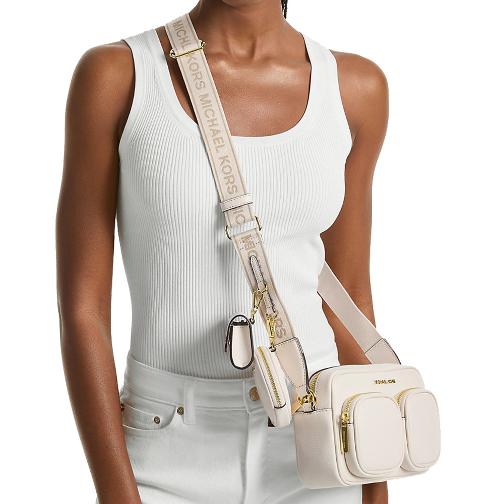 Michael Kors Jet Set Travenuel Medium Leather Messenger Bag Light Cream # 35S5GTTC2L