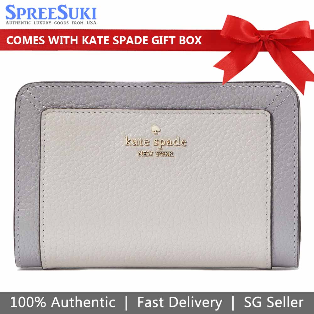 Kate Spade Medium Wallet Lena Colorblock Pebbled Medium Compact Bifold Mountain Grey # KI834