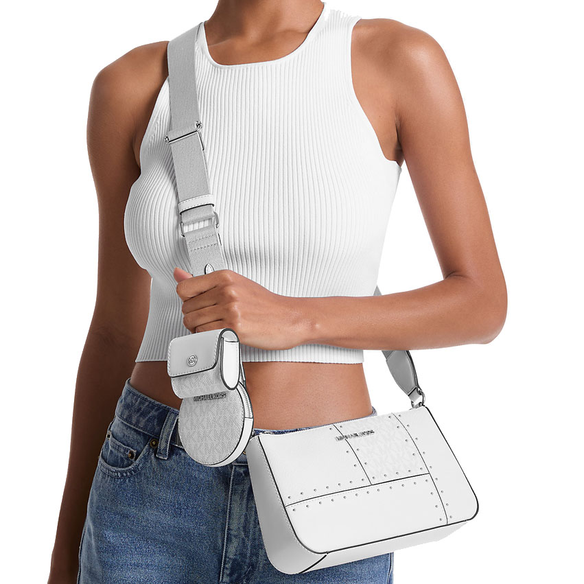 Michael Kors Jet Set Travenuel Small Metallic Patchwork And Signature Logo Crossbody Bag Optic White # 35R5STVC1Y