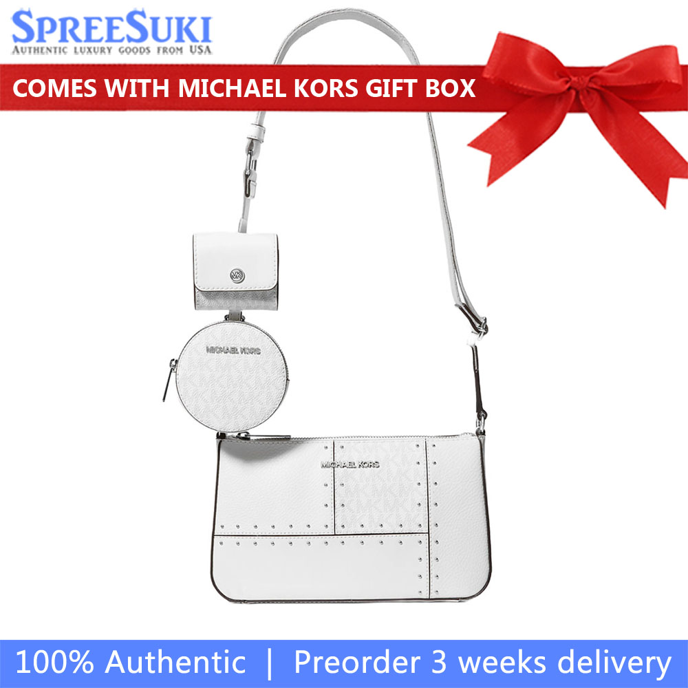 Michael Kors Jet Set Travenuel Small Metallic Patchwork And Signature Logo Crossbody Bag Optic White # 35R5STVC1Y