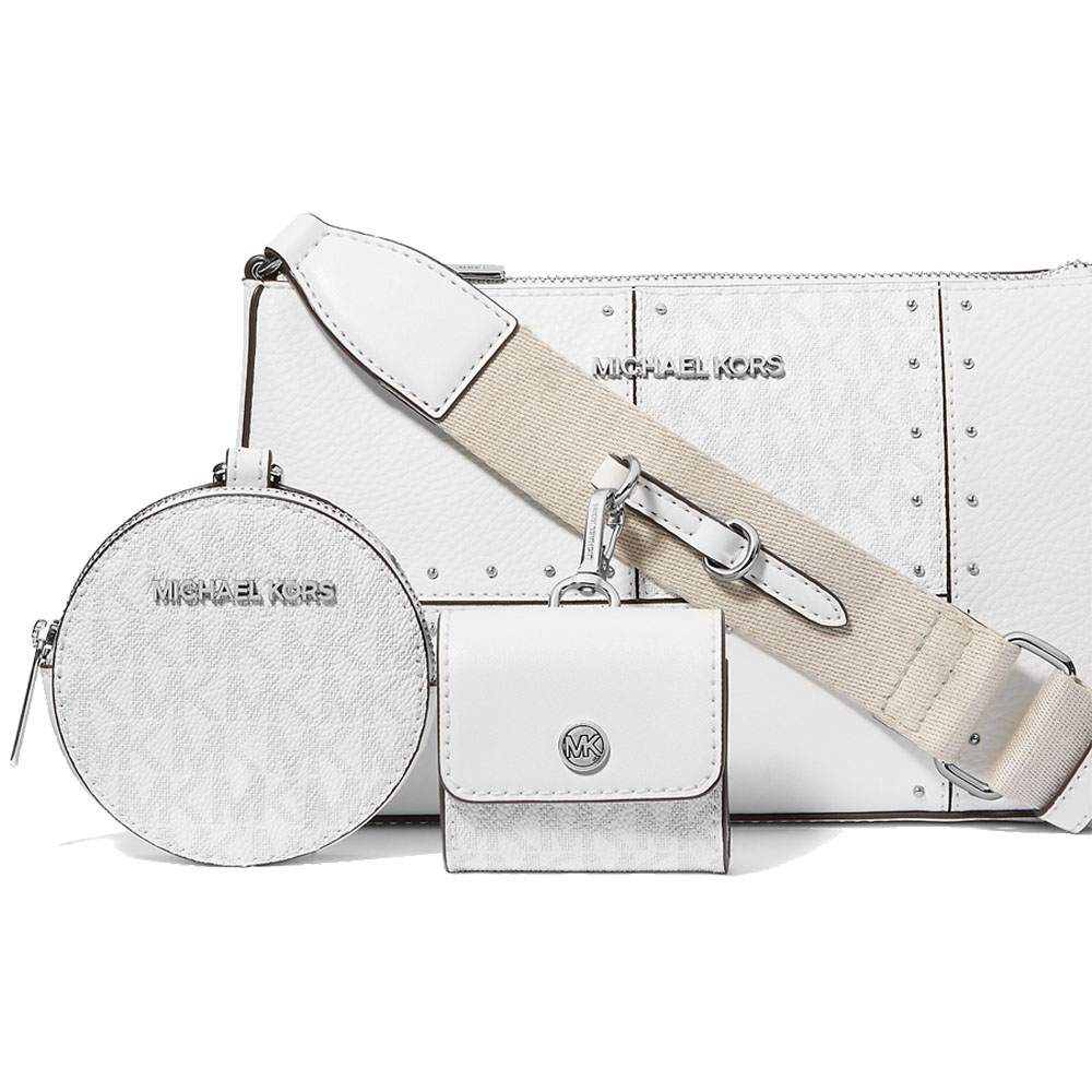 Michael Kors Jet Set Travenuel Small Metallic Patchwork And Signature Logo Crossbody Bag Optic White # 35R5STVC1Y