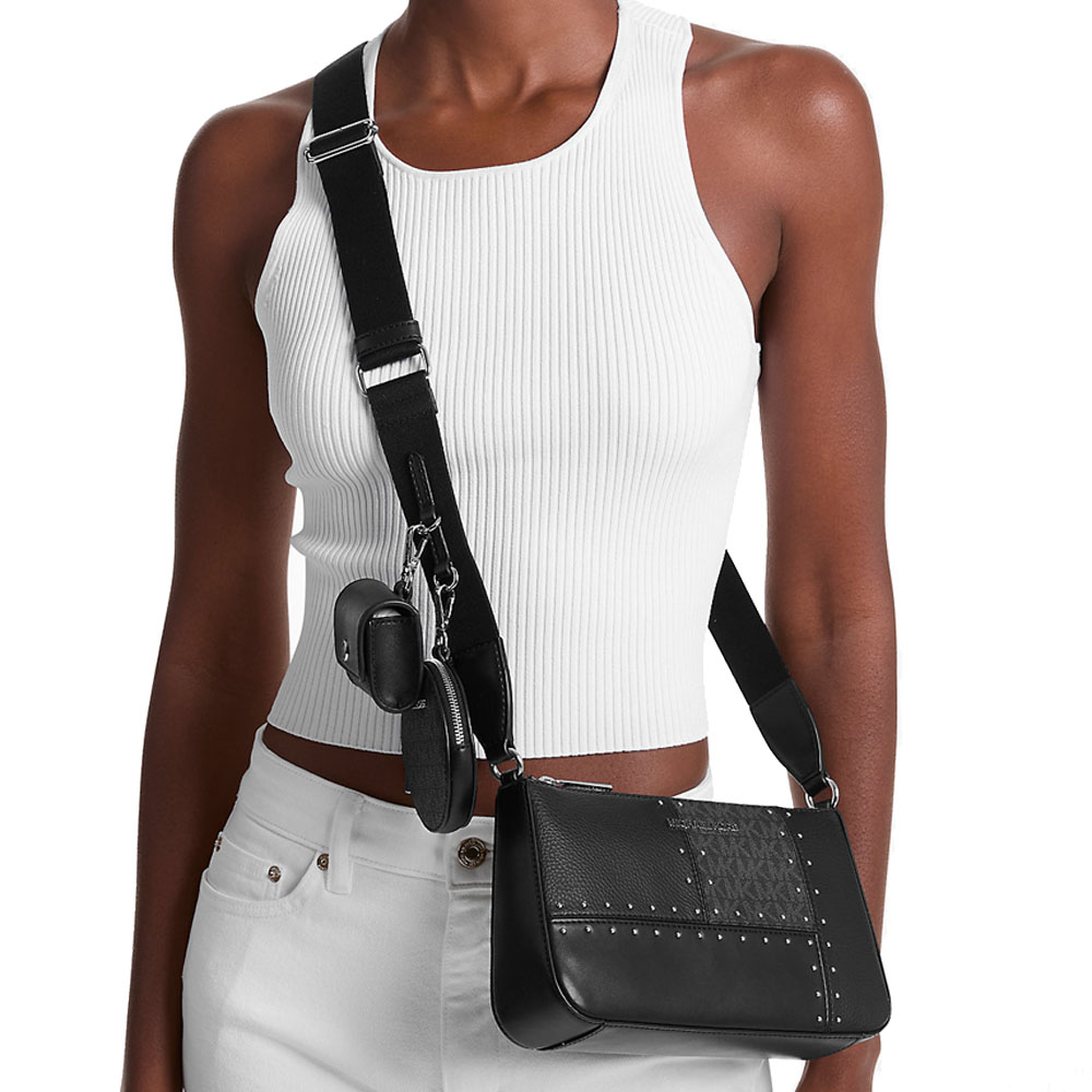 Michael Kors Jet Set Travenuel Small Metallic Patchwork And Signature Logo Crossbody Bag Black # 35R5STVC1Y