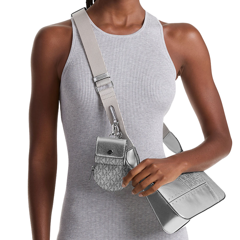Michael Kors Jet Set Travenuel Small Metallic Patchwork And Signature Logo Crossbody Bag Silver # 35R5STVC1M