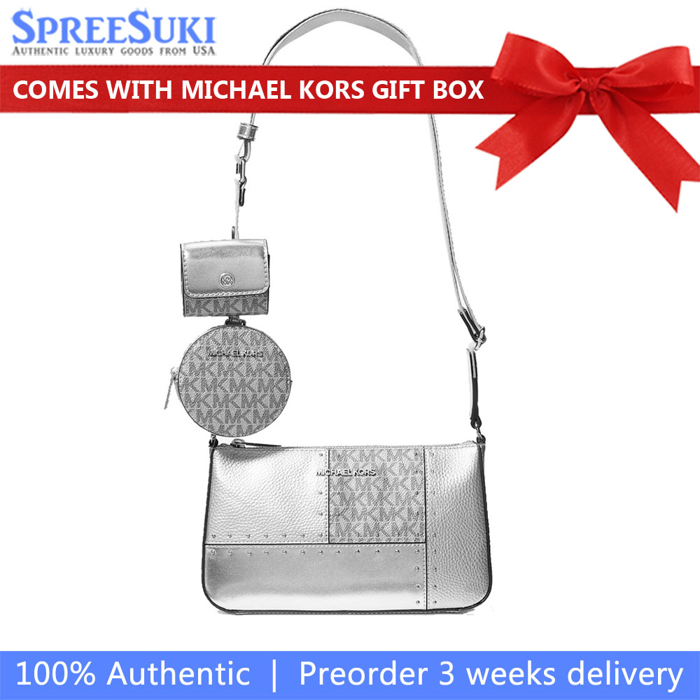 Michael Kors Jet Set Travenuel Small Metallic Patchwork And Signature Logo Crossbody Bag Silver # 35R5STVC1M