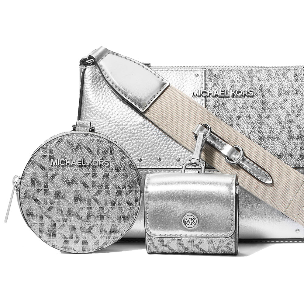 Michael Kors Jet Set Travenuel Small Metallic Patchwork And Signature Logo Crossbody Bag Silver # 35R5STVC1M