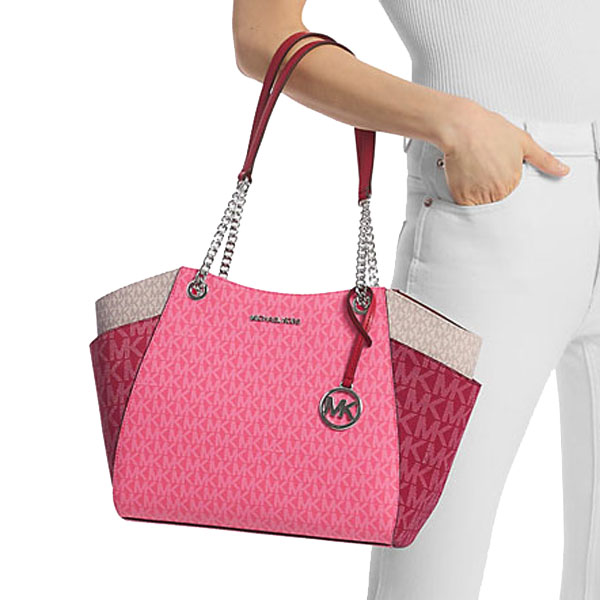 Michael Kors Jet Set Large Color-Block Signature Logo Shoulder Bag Dark Raspberry Multi # 35S5STVE3B
