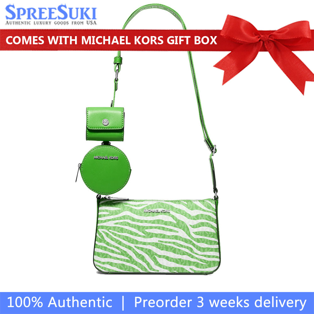 Michael Kors Et Set Leather Medium Animal Print Logo Crossbody Bag With Case For Apple Airpods Pro Jungle # 35S5STVC1I