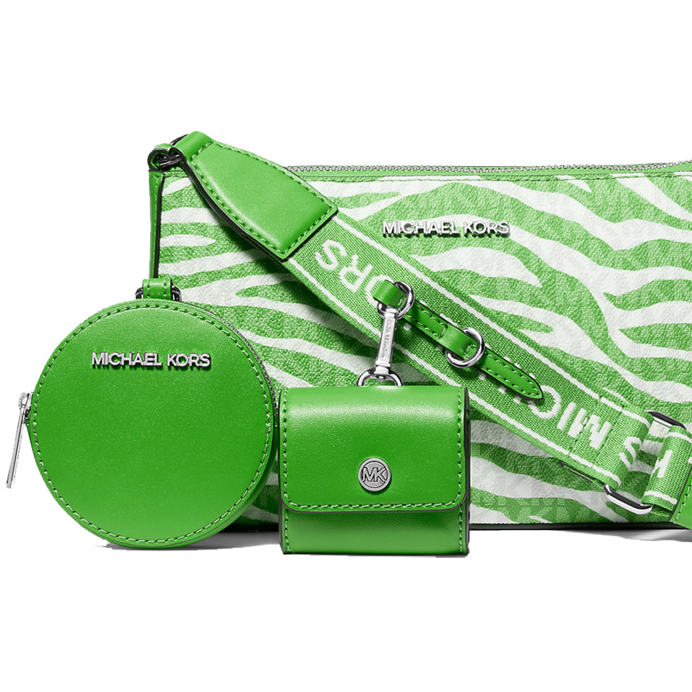 Michael Kors Et Set Leather Medium Animal Print Logo Crossbody Bag With Case For Apple Airpods Pro Jungle # 35S5STVC1I
