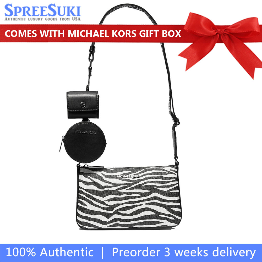 Michael Kors Et Set Leather Medium Animal Print Logo Crossbody Bag With Case For Apple Airpods Pro Black # 35S5STVC1I