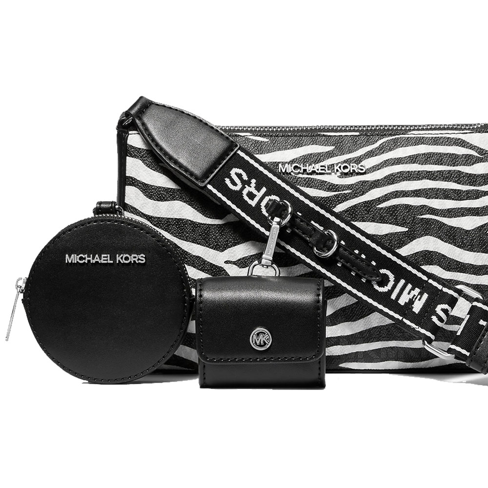 Michael Kors Et Set Leather Medium Animal Print Logo Crossbody Bag With Case For Apple Airpods Pro Black # 35S5STVC1I