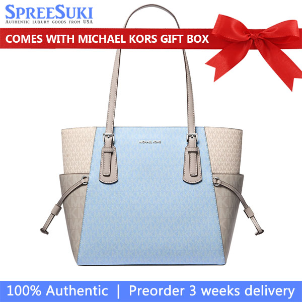 Michael Kors Voyager Large Color-Block Signature Logo Tote Bag Lt Sky Mlt # 35S5SV6T7B