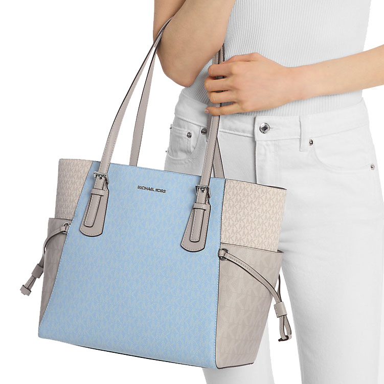 Michael Kors Voyager Large Color-Block Signature Logo Tote Bag Lt Sky Mlt # 35S5SV6T7B