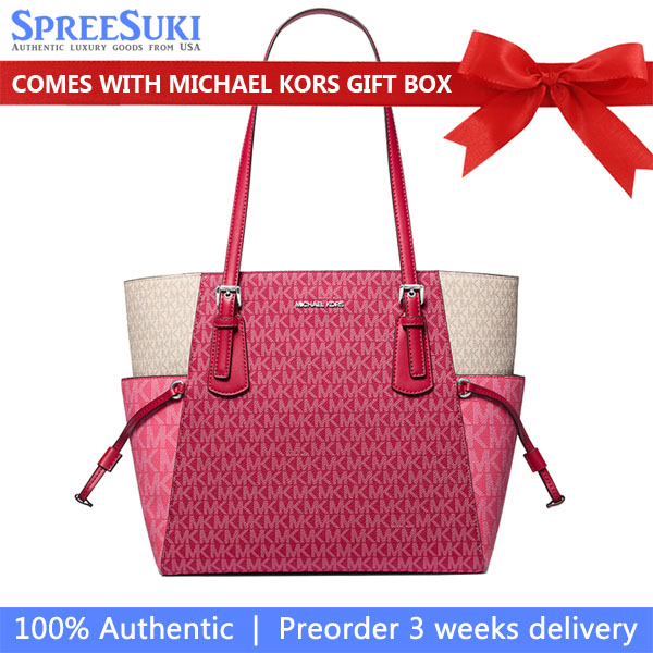 Michael Kors Voyager Large Color-Block Signature Logo Tote Bag Dark Raspberry Multi # 35S5SV6T7B