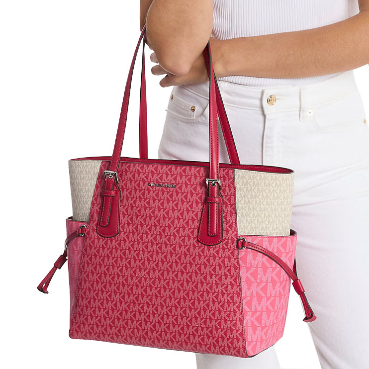 Michael Kors Voyager Large Color-Block Signature Logo Tote Bag Dark Raspberry Multi # 35S5SV6T7B