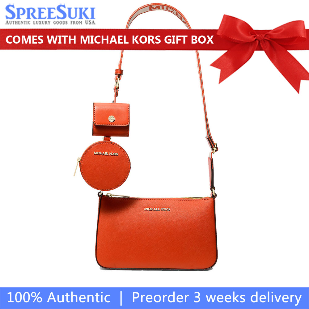 Michael Kors Jet Set Saffiano Leather Crossbody Bag With Case For Apple Airpods Pro Red Clay # 35S3GTVC5T
