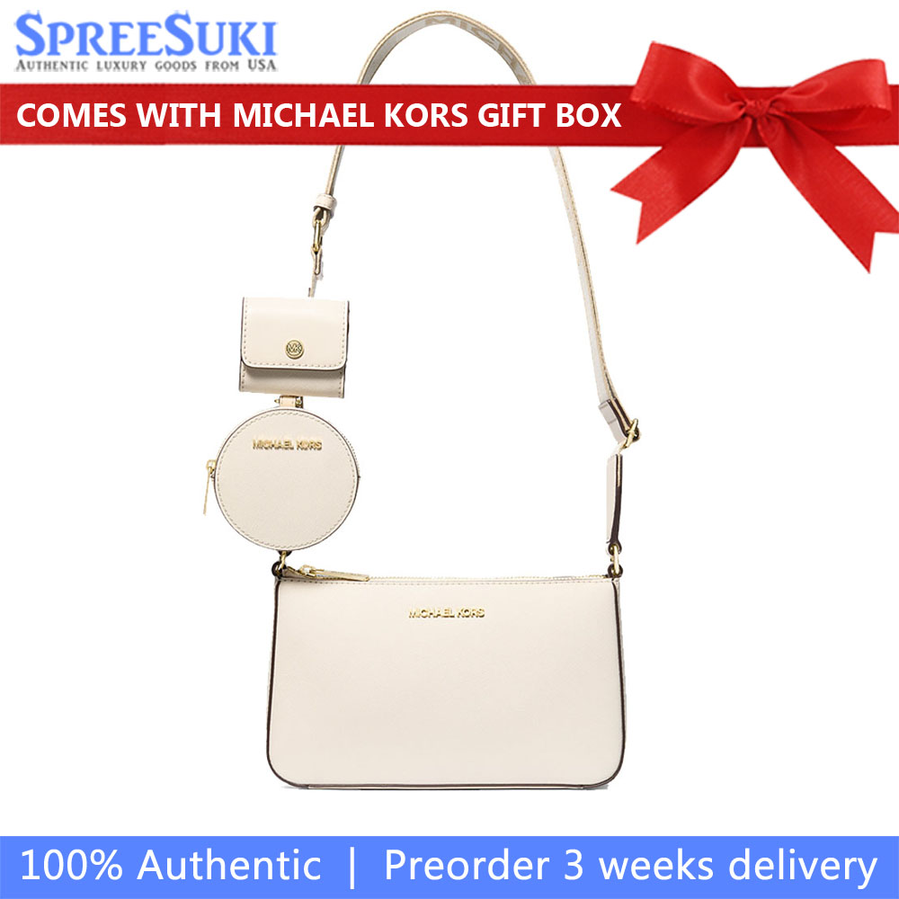 Michael Kors Jet Set Saffiano Leather Crossbody Bag With Case For Apple Airpods Pro Light Cream # 35S3GTVC5T