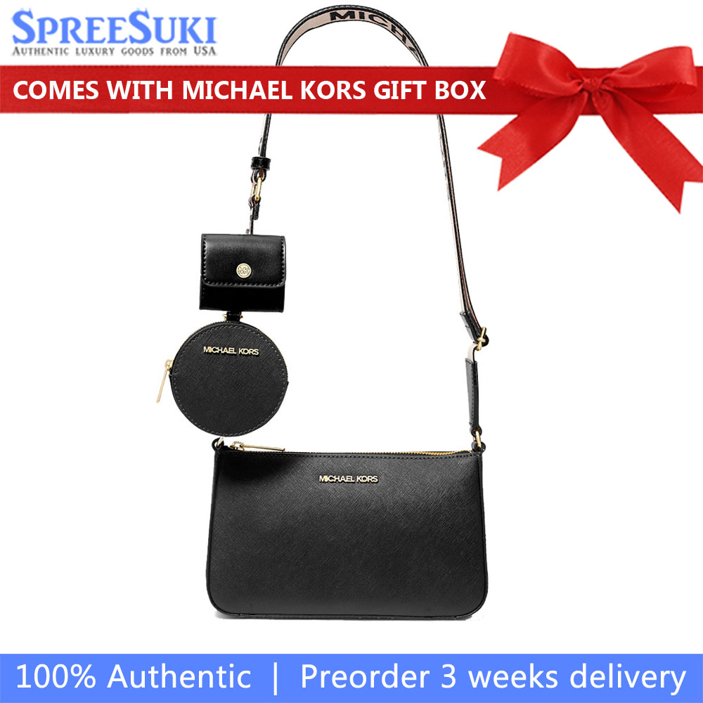 Michael Kors Jet Set Saffiano Leather Crossbody Bag With Case For Apple Airpods Pro Black # 35S3GTVC5T