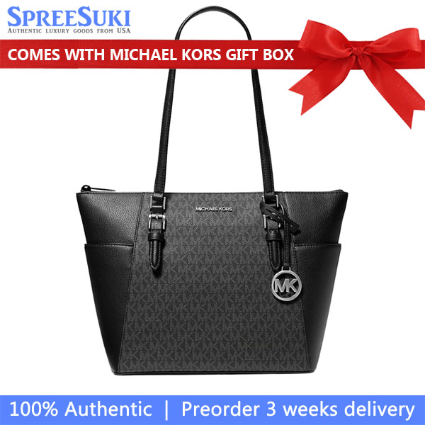 Michael Kors Charlotte Large Logo And Leather Top-Zip Tote Bag Black # 35T0SCFT3B
