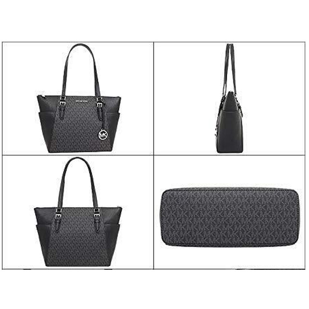 Michael Kors Charlotte Large Logo And Leather Top-Zip Tote Bag Black # 35T0SCFT3B