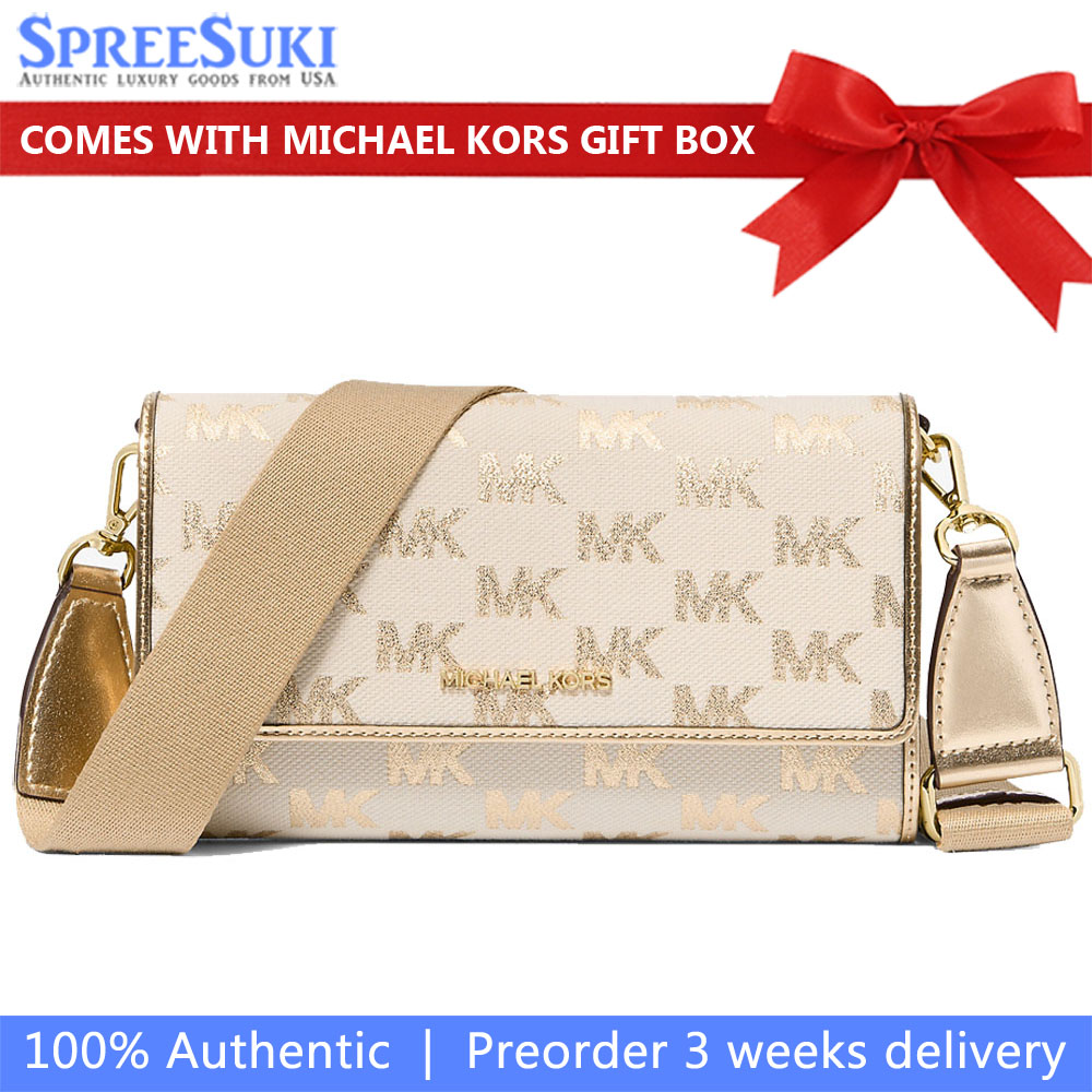 Michael Kors Jet Set Large Metallic Logo Jacquard Crossbody Bag Pale Gold # 35S5GTTC7U