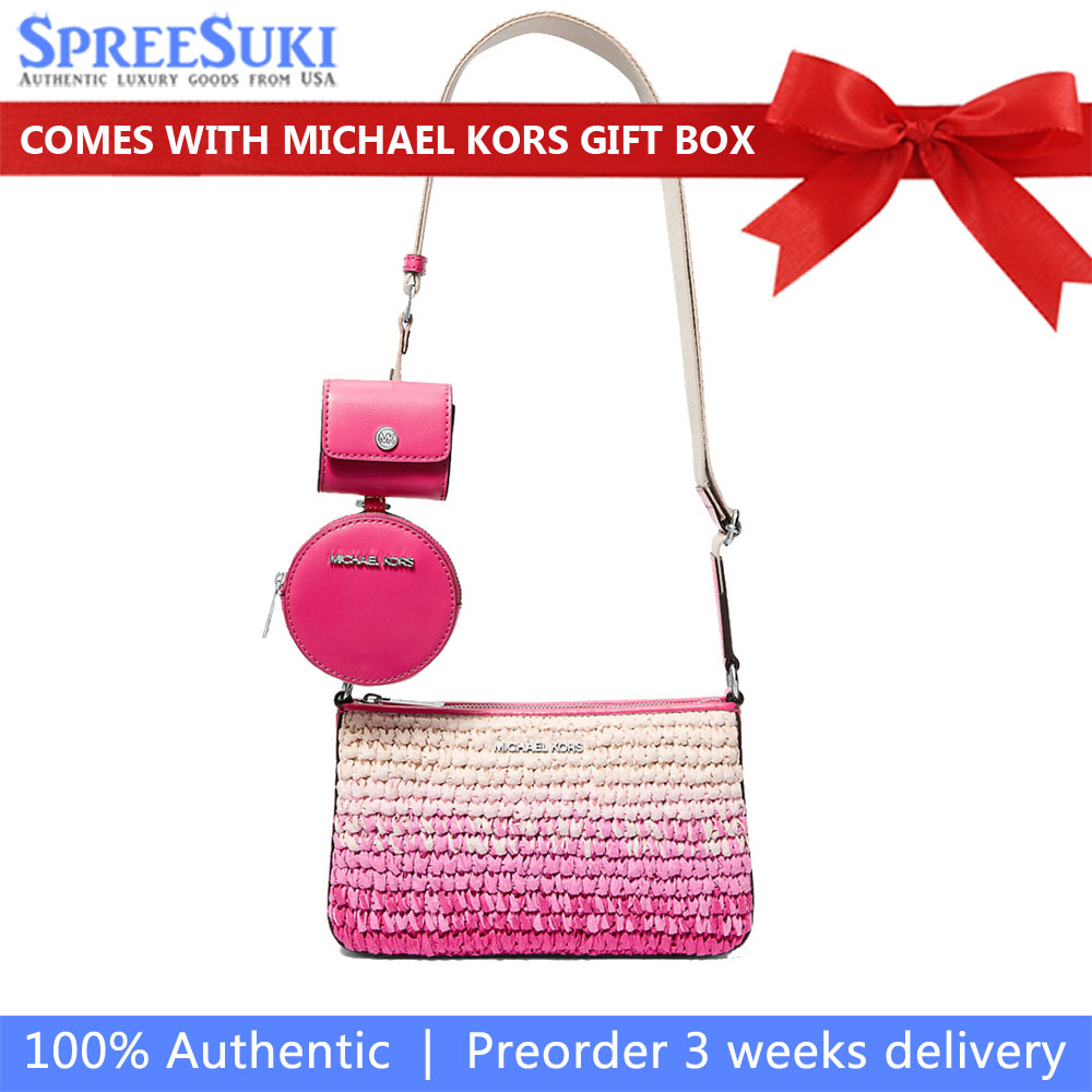 Michael Kors Jet Set Small Ombré Straw Crossbody Bag With Case For Apple Airpods Pro Dragonfruit # 35S5STVC1W