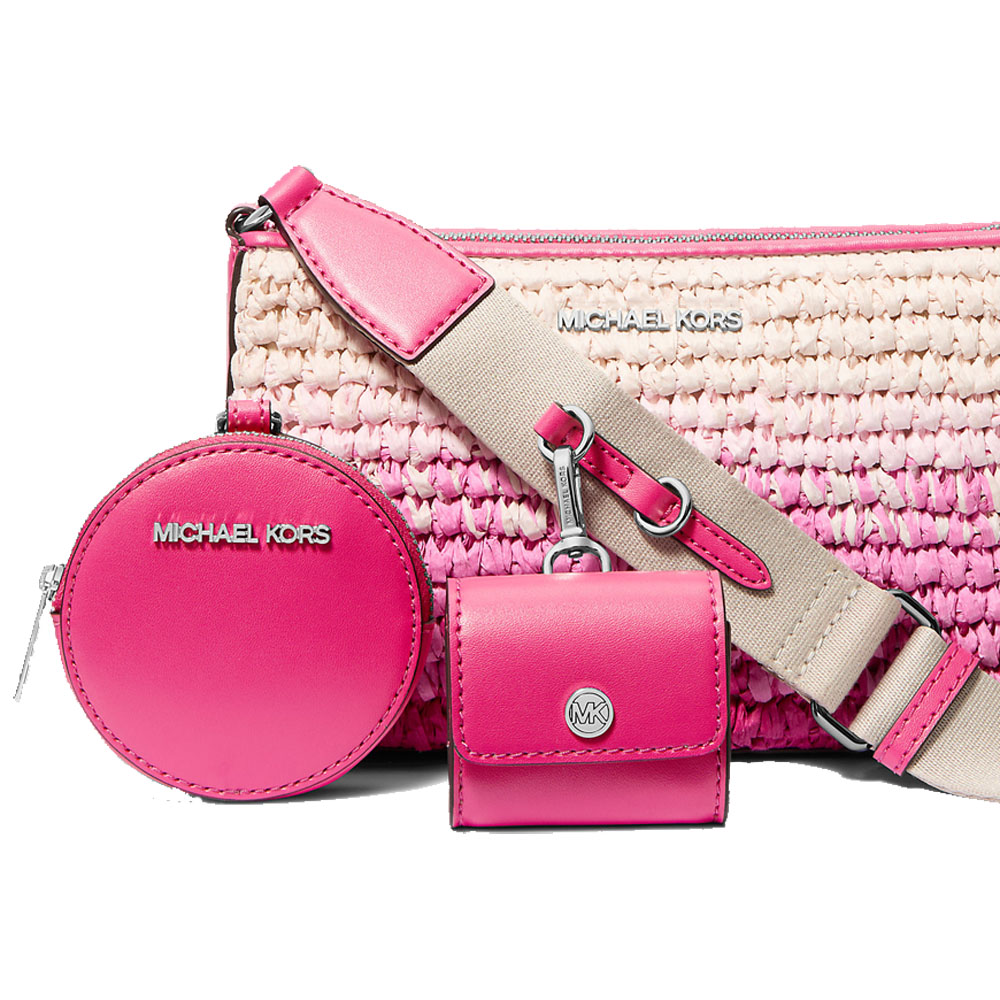Michael Kors Jet Set Small Ombré Straw Crossbody Bag With Case For Apple Airpods Pro Dragonfruit # 35S5STVC1W