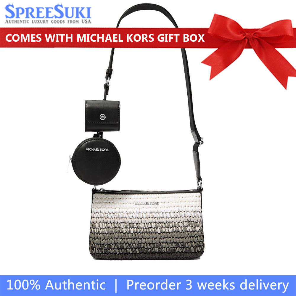 Michael Kors Jet Set Small Ombré Straw Crossbody Bag With Case For Apple Airpods Pro Black # 35S5STVC1W