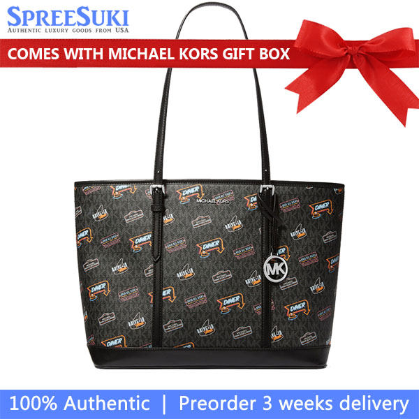 Michael Kors Jet Set Large Printed Signature Logo Tote Bag Black # 35T5STVL9V