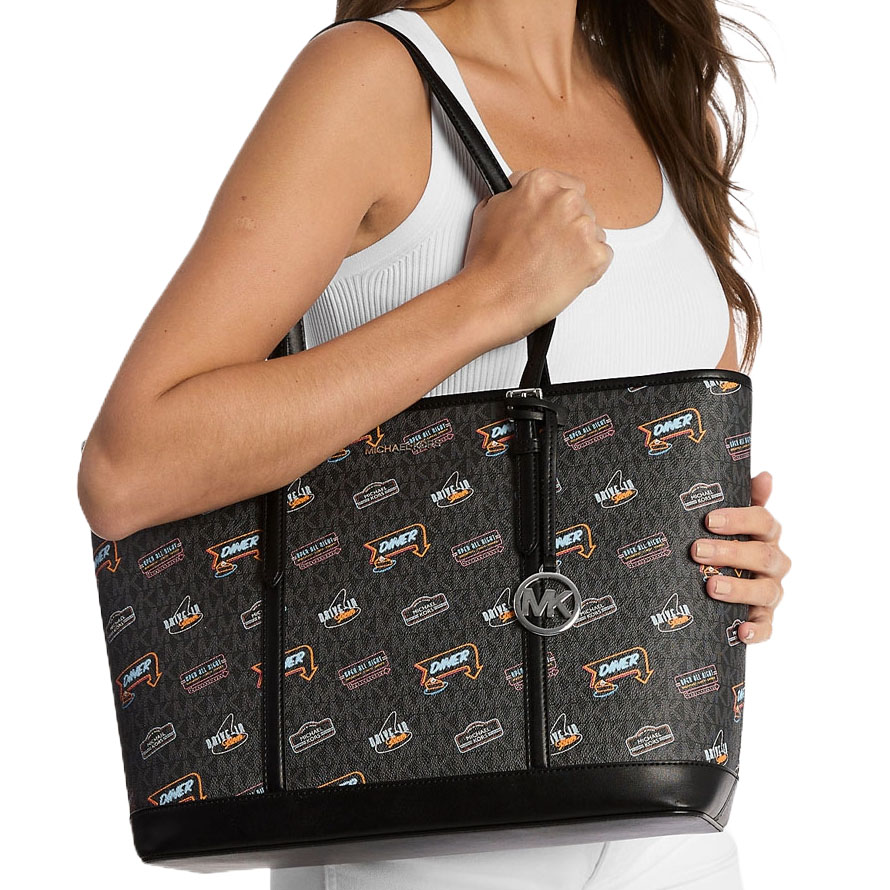 Michael Kors Jet Set Large Printed Signature Logo Tote Bag Black # 35T5STVL9V