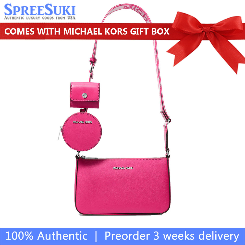 Michael Kors Jet Set Small Saffiano Leather Crossbody Bag With Case For Apple Airpods Pro Dragonfruit # 35H3STVC5L