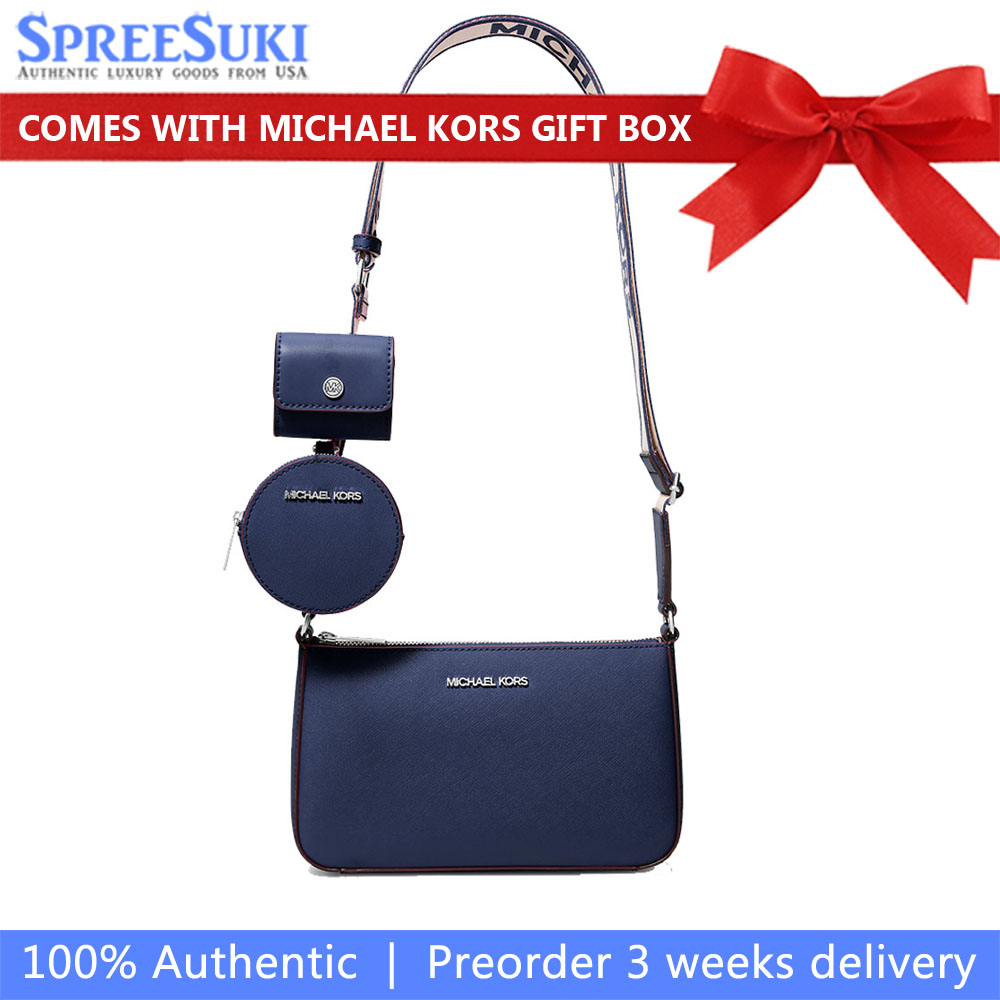Michael Kors Jet Set Small Saffiano Leather Crossbody Bag With Case For Apple Airpods Pro Navy # 35H3STVC5L