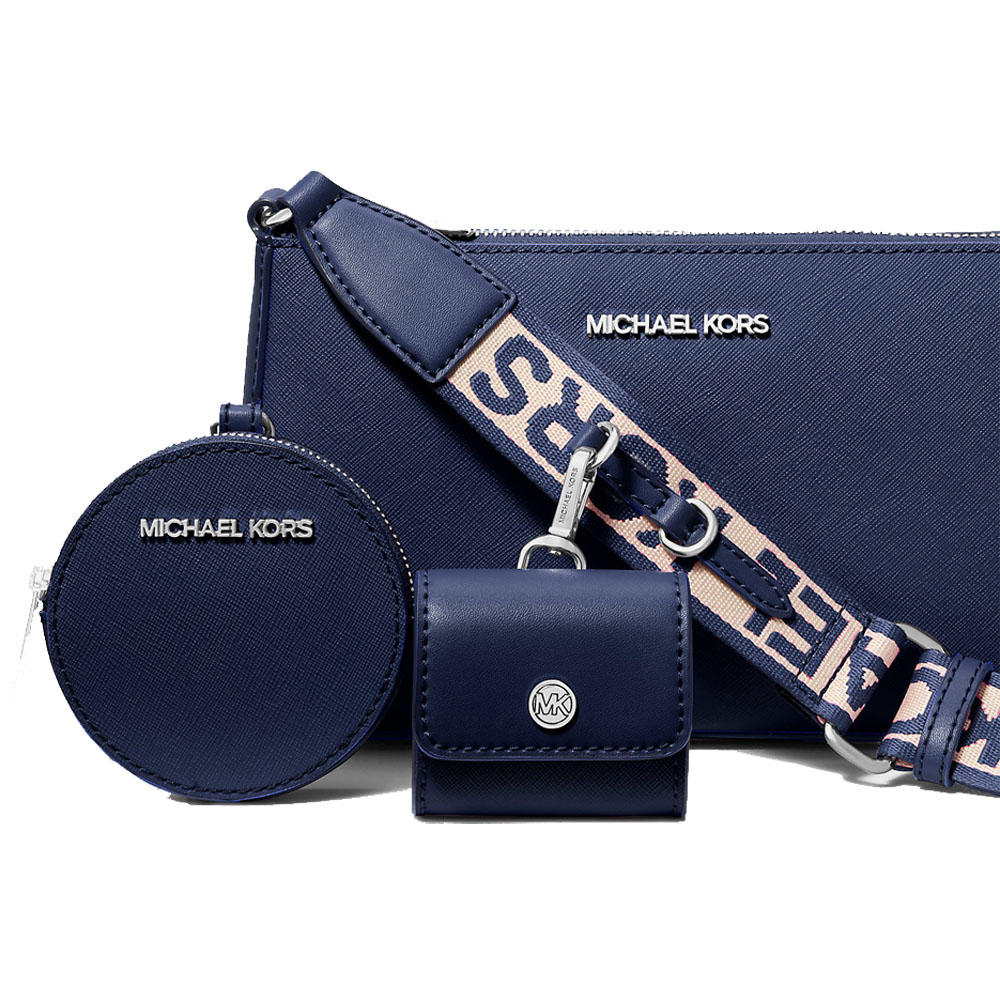 Michael Kors Jet Set Small Saffiano Leather Crossbody Bag With Case For Apple Airpods Pro Navy # 35H3STVC5L