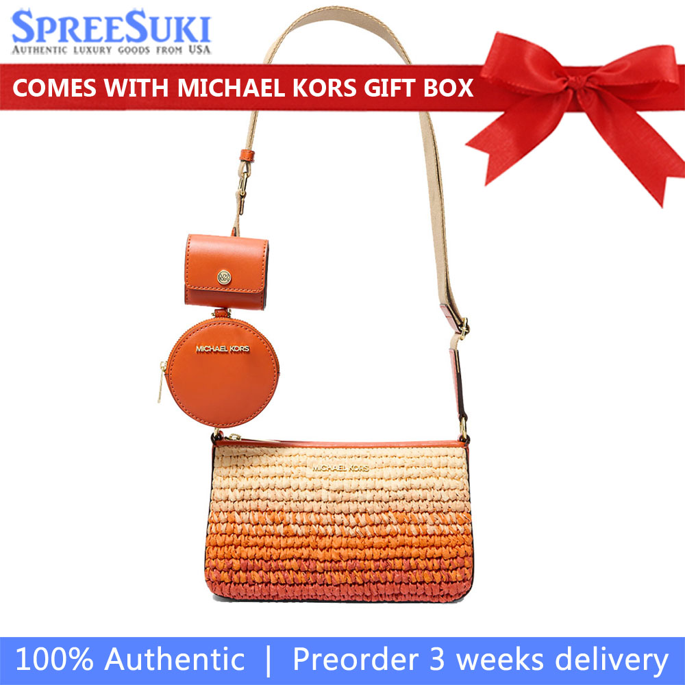 Michael Kors Jet Set Small Ombré Straw Crossbody Bag With Case For Apple Airpods Pro Red Clay # 35S5GTVC1W