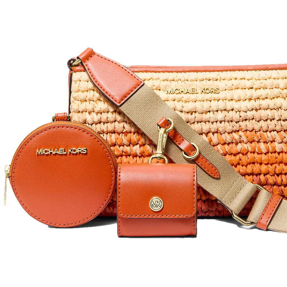 Michael Kors Jet Set Small Ombré Straw Crossbody Bag With Case For Apple Airpods Pro Red Clay # 35S5GTVC1W