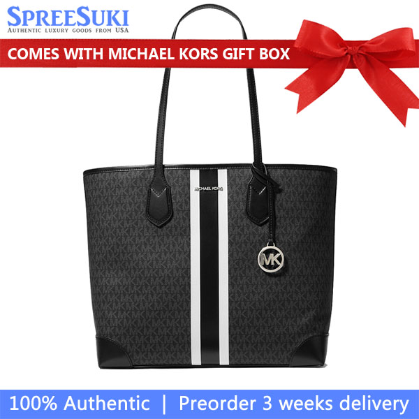 Michael Kors Eva Large Signature Logo Stripe Tote Bag Black # 35R5SV0T7V