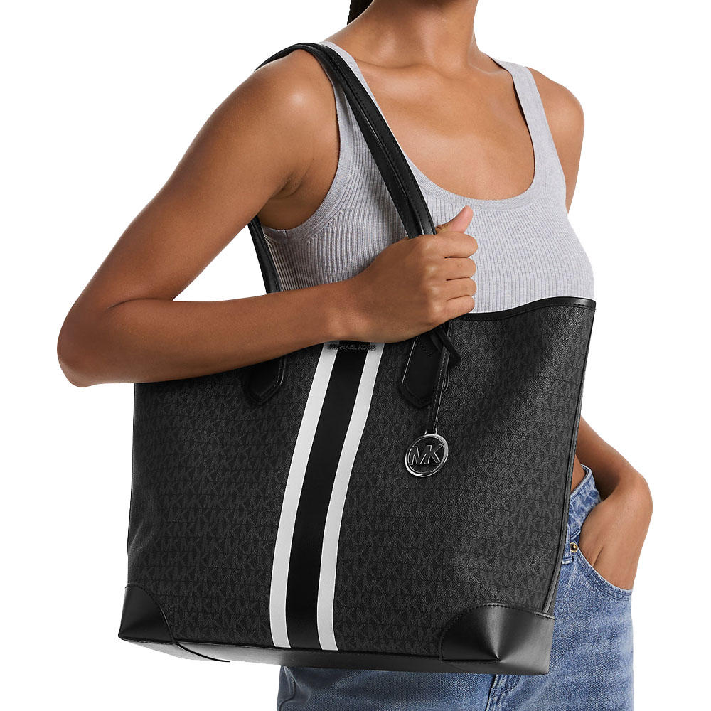 Michael Kors Eva Large Signature Logo Stripe Tote Bag Black # 35R5SV0T7V